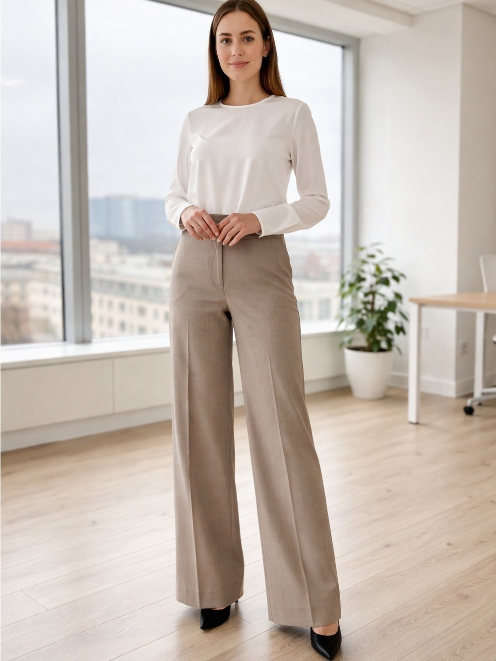 Jones New York Tan Wide Leg Trousers High Waisted Business Casual Minimal